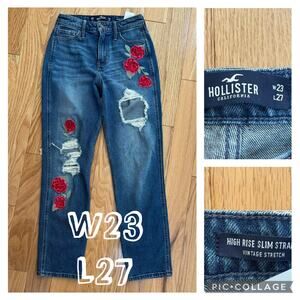 Size 23/27 Hollister Rose Appliqué Distressed Straight Leg Jeans Size 23